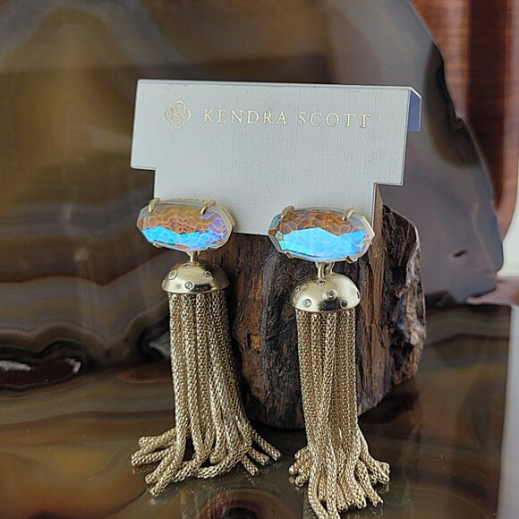 New Kendra Scott Freya Gold Tassel Statement Earrings Dichroic Glass - Picture 6 of 6